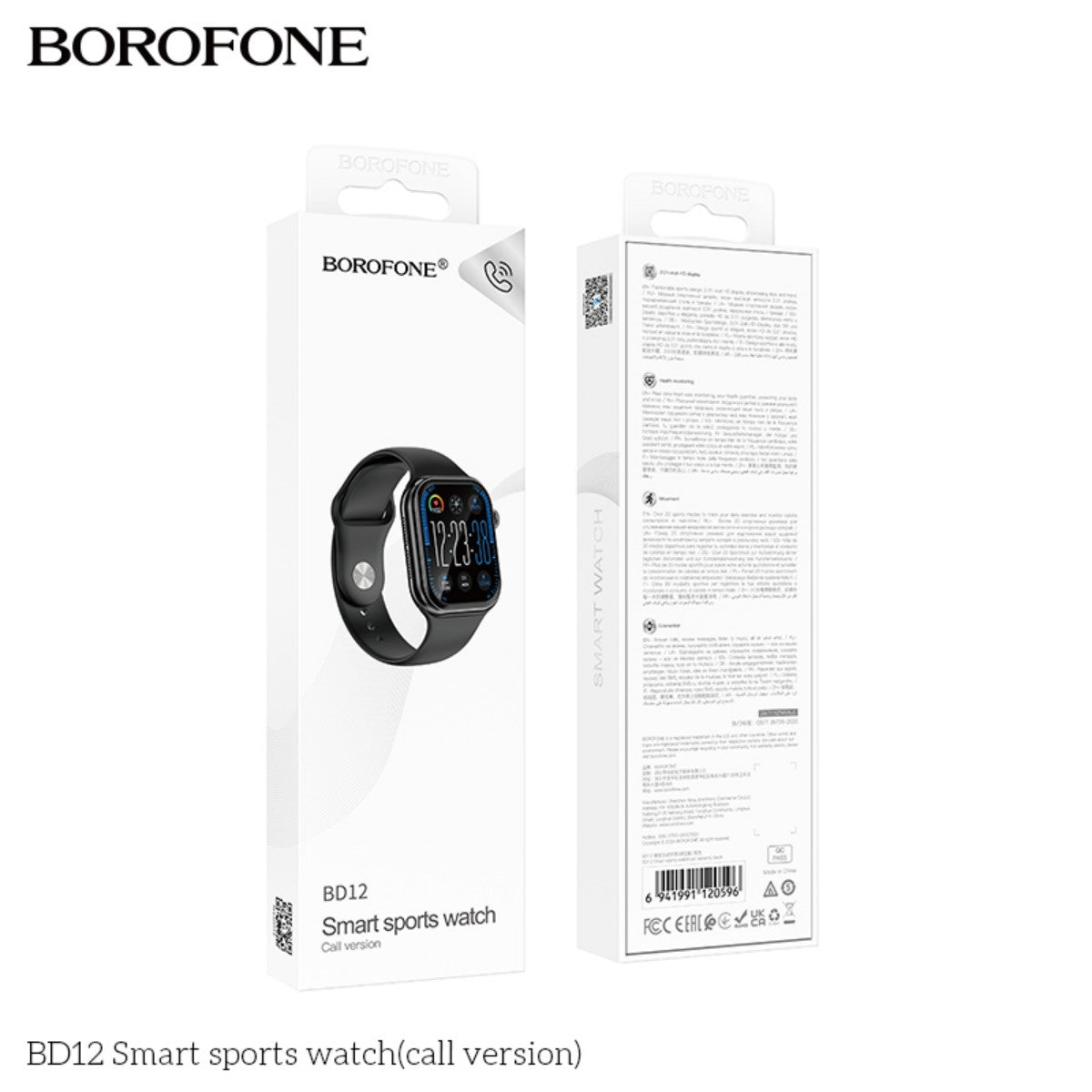 Retail packaging of BOROFONE BD12 Smart Sports Watch Black (Call Version) showing front and back views, suitable for tech gadget retail displays.