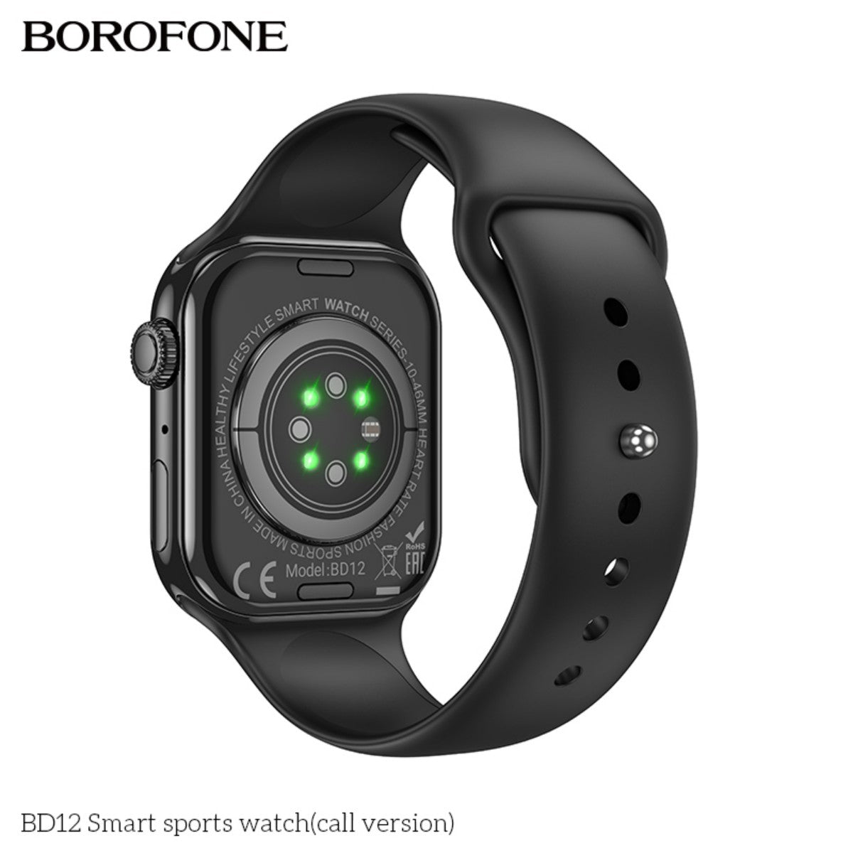 Rear view of BOROFONE BD12 Smart Sports Watch Black (Call Version) showing heart rate sensor and ergonomic strap design for comfortable wear.