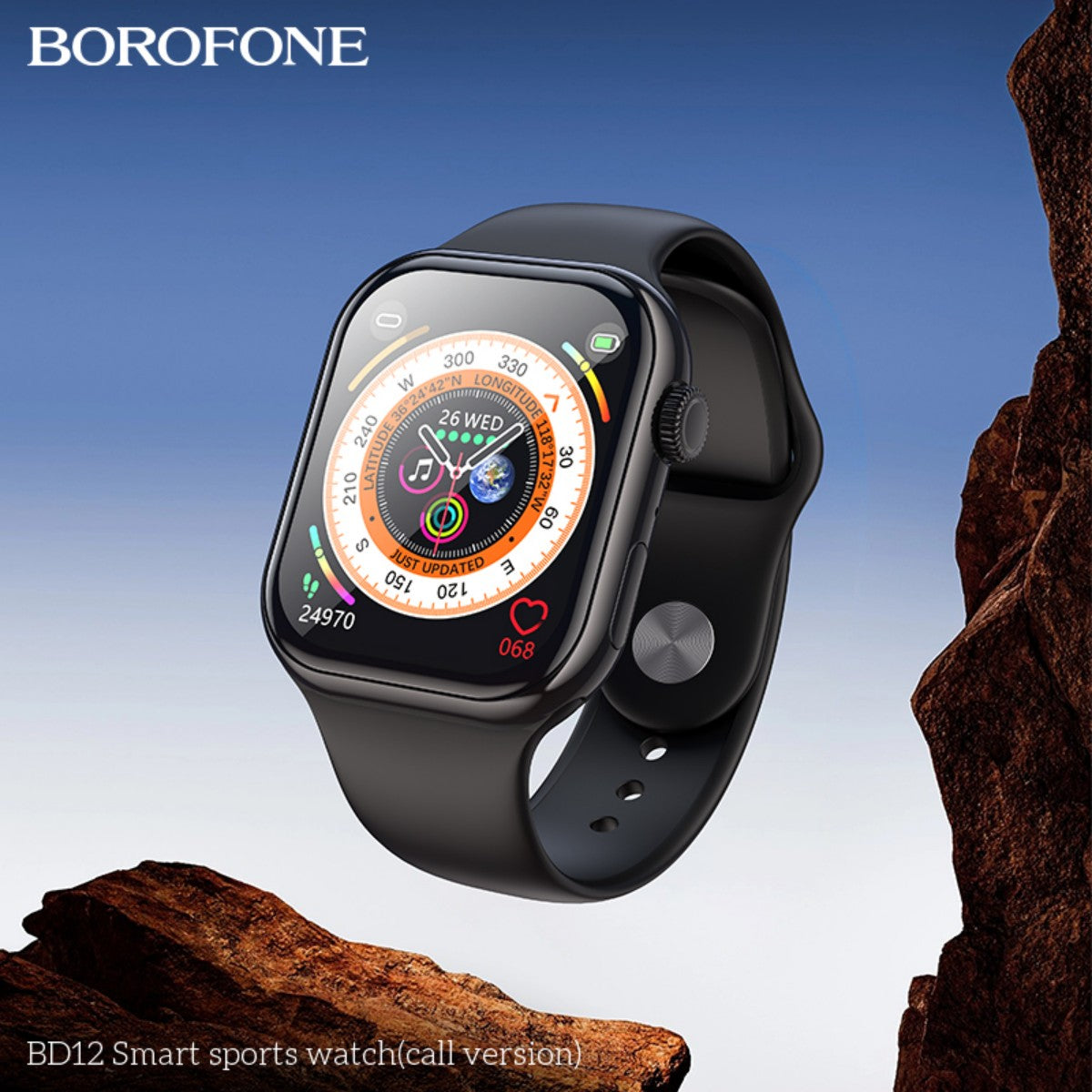 BOROFONE BD12 Smart Sports Watch Black (Call Version) displayed in outdoor setting with fitness tracking screen, perfect for active lifestyles.
