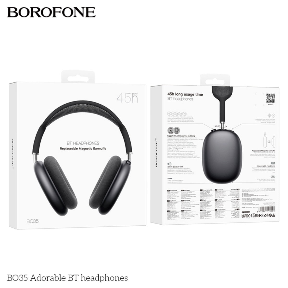 BOROFONE BO35 Adorable Bluetooth Headphones Grey retail packaging displaying product features like 45h battery life and magnetic ear muffs.
