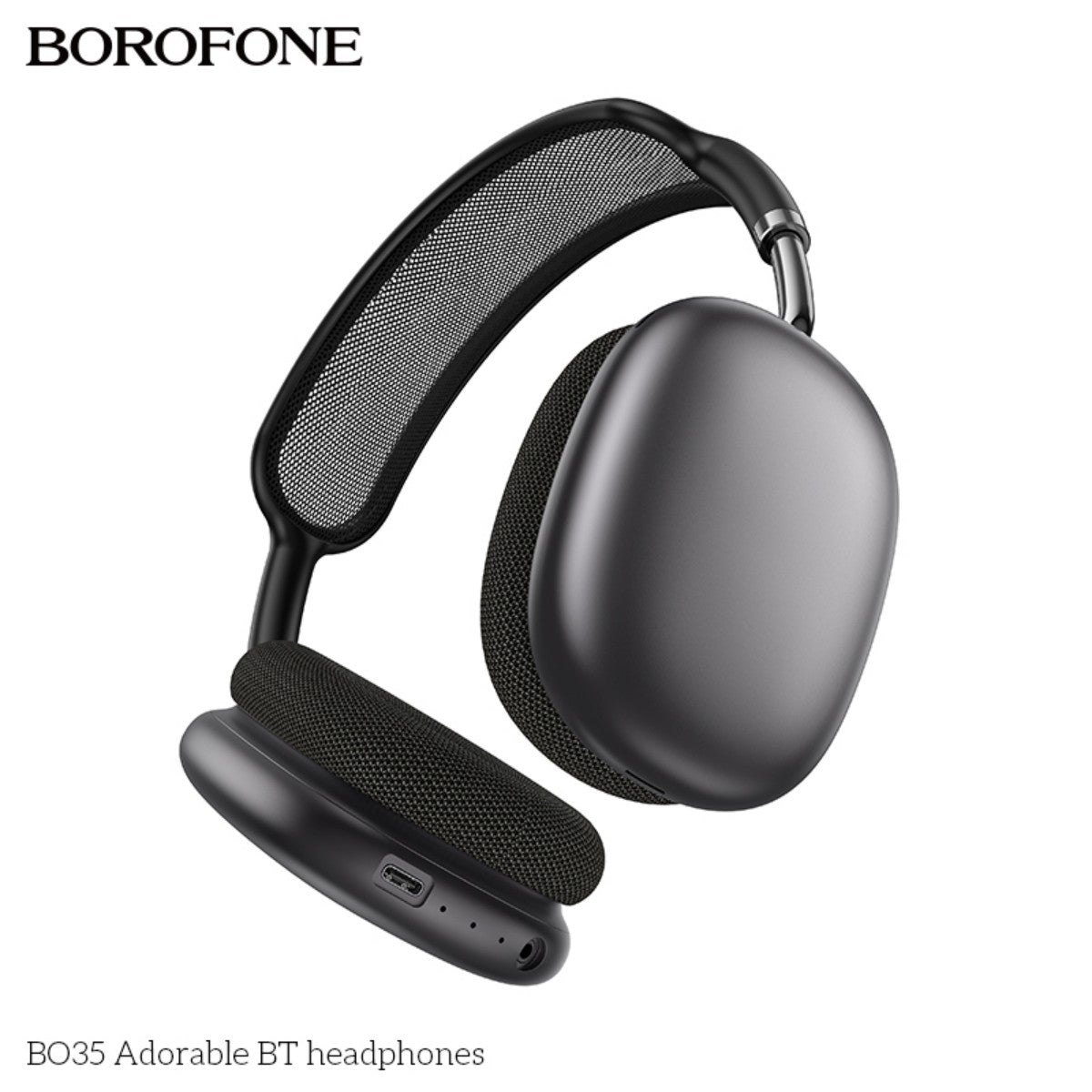 Close-up of BOROFONE BO35 Adorable Bluetooth Headphones Grey highlighting charging port, ear cushions, and sleek ergonomic design.