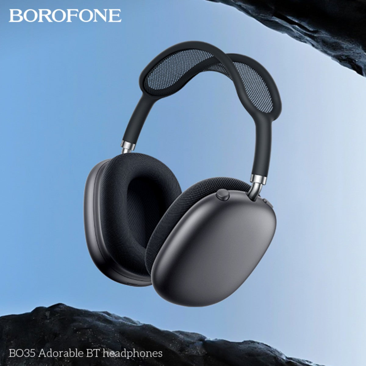 BOROFONE BO35 Adorable Bluetooth Headphones Grey floating against a blue background, emphasizing modern style and wireless convenience.