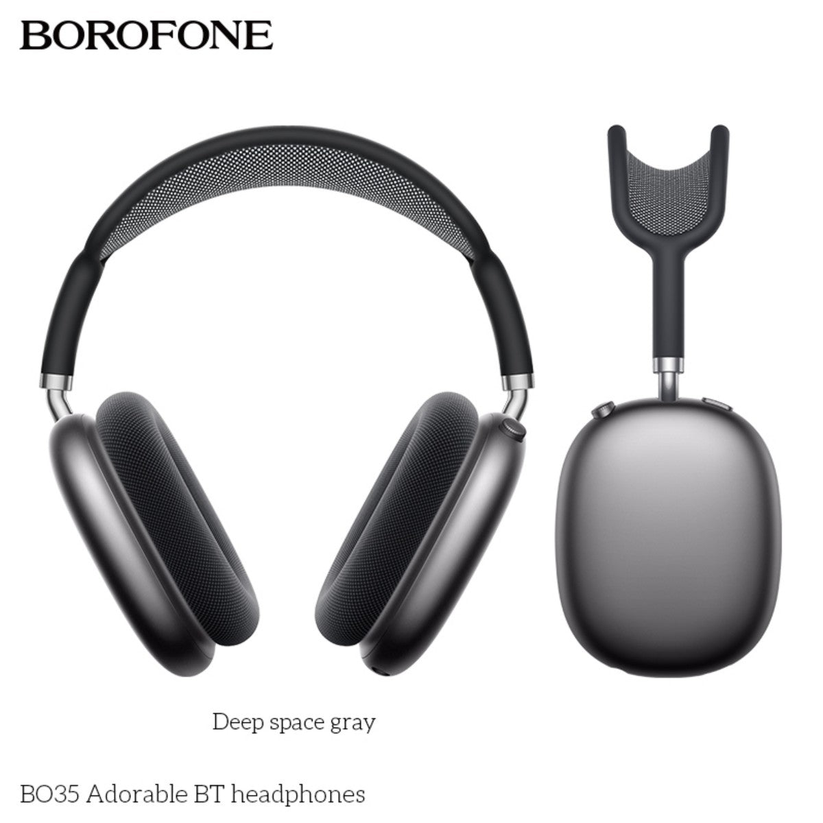 BOROFONE BO35 Adorable Bluetooth Headphones Grey with over-ear design and mesh headband, shown front and side view for audio quality appeal.