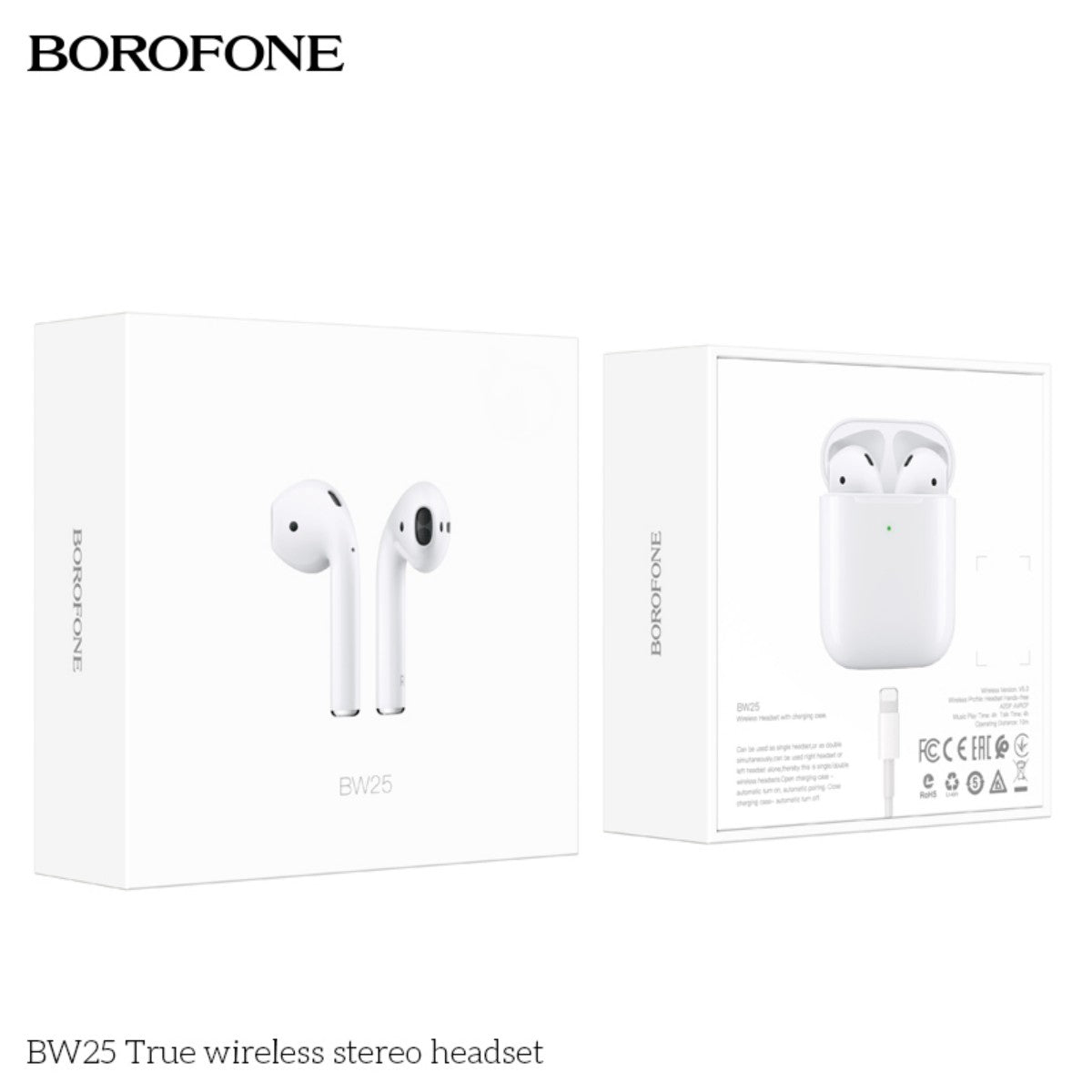 Retail packaging of BOROFONE BW25 True Wireless Stereo Headset White, displaying product image and specifications for electronics shoppers.