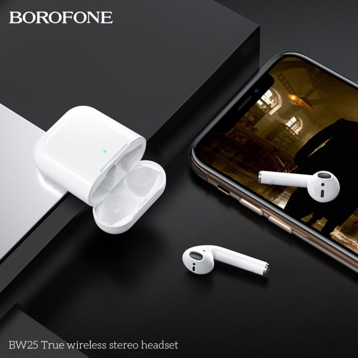 BOROFONE BW25 True Wireless Stereo Headset White shown next to smartphone, ideal for seamless Bluetooth audio streaming and hands-free use.