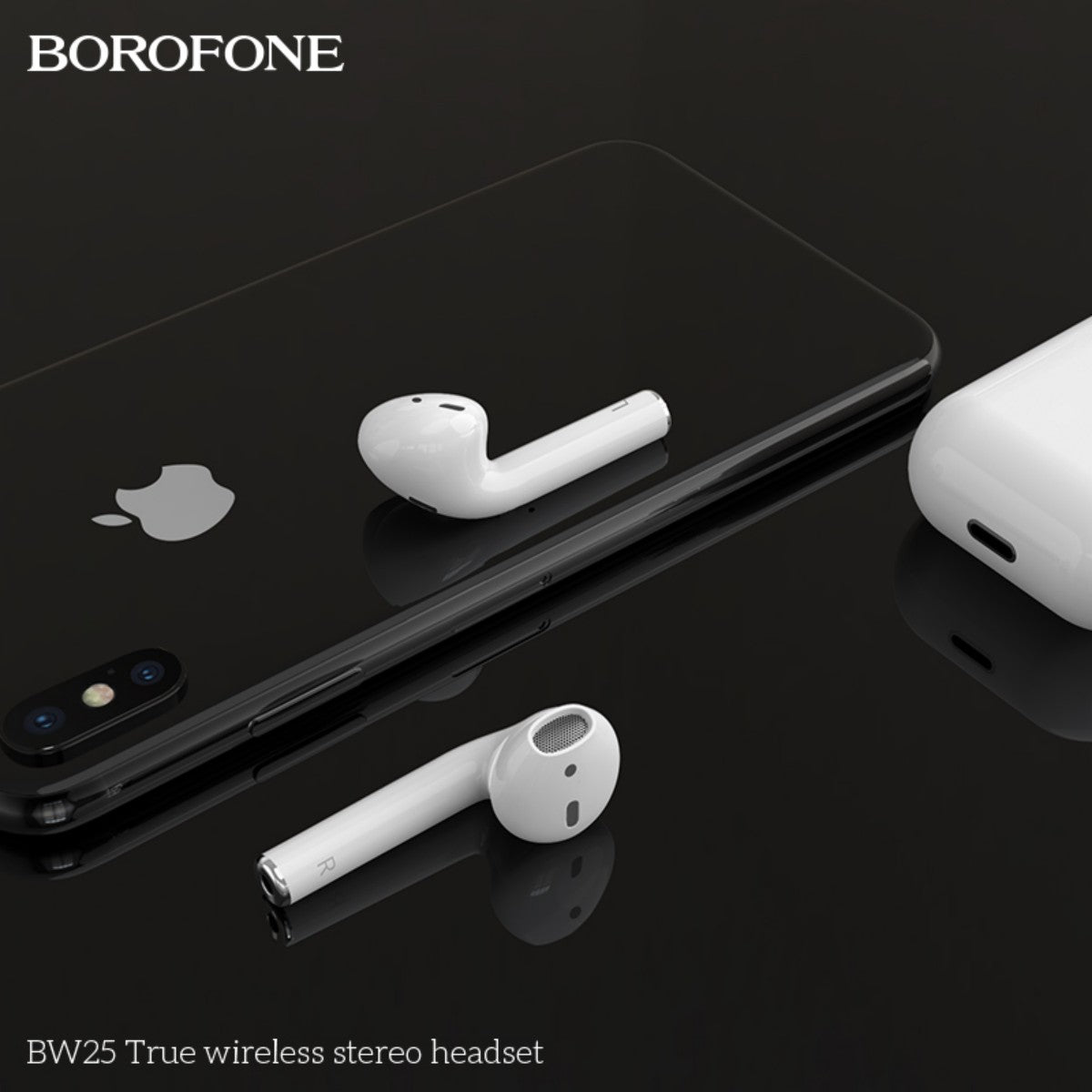 Close-up of BOROFONE BW25 True Wireless Stereo Headset White beside smartphone, highlighting compact and portable in-ear headphone design.