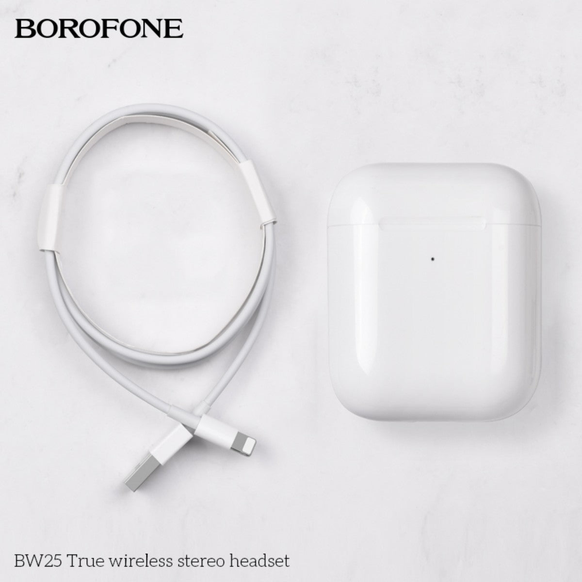 BOROFONE BW25 True Wireless Stereo Headset White with charging cable and case, perfect for on-the-go charging and extended listening.
