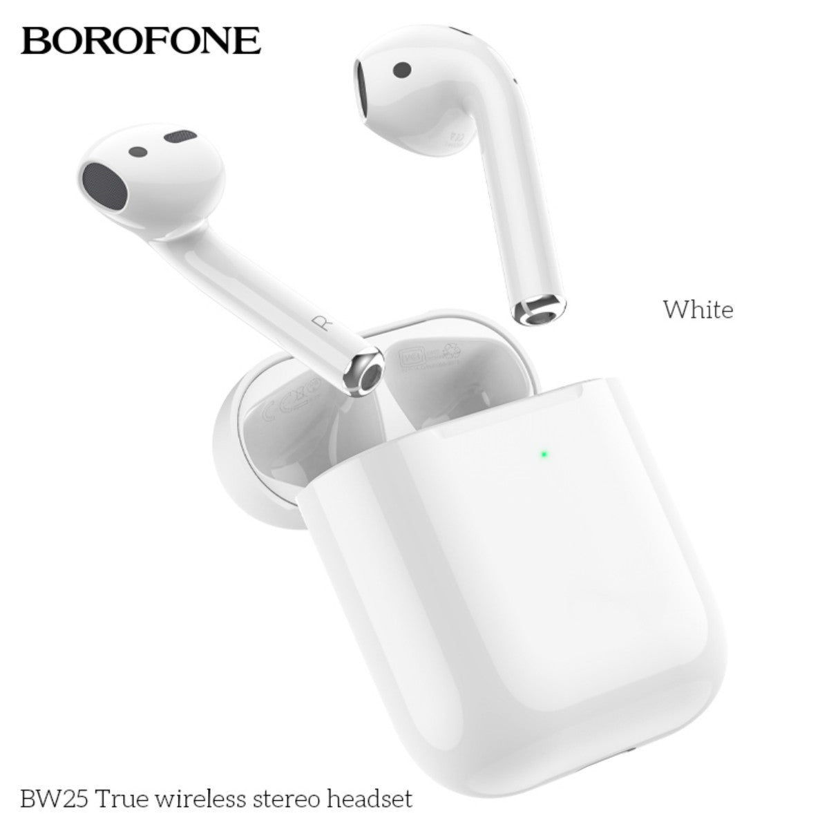 BOROFONE BW25 True Wireless Stereo Headset White with charging case, featuring ergonomic in-ear design for immersive audio experience.