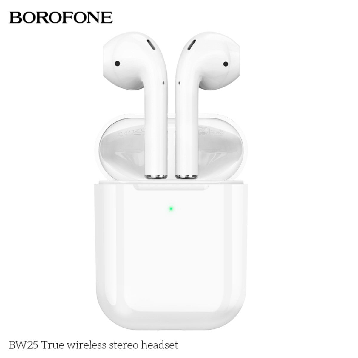 Front view of BOROFONE BW25 True Wireless Stereo Headset White in charging case, featuring LED indicator for battery status.