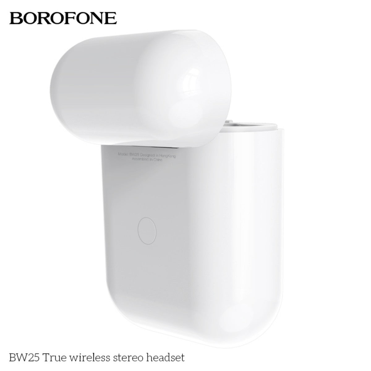 Rear view of BOROFONE BW25 True Wireless Stereo Headset White charging case with open lid, showing sleek and minimalistic design.