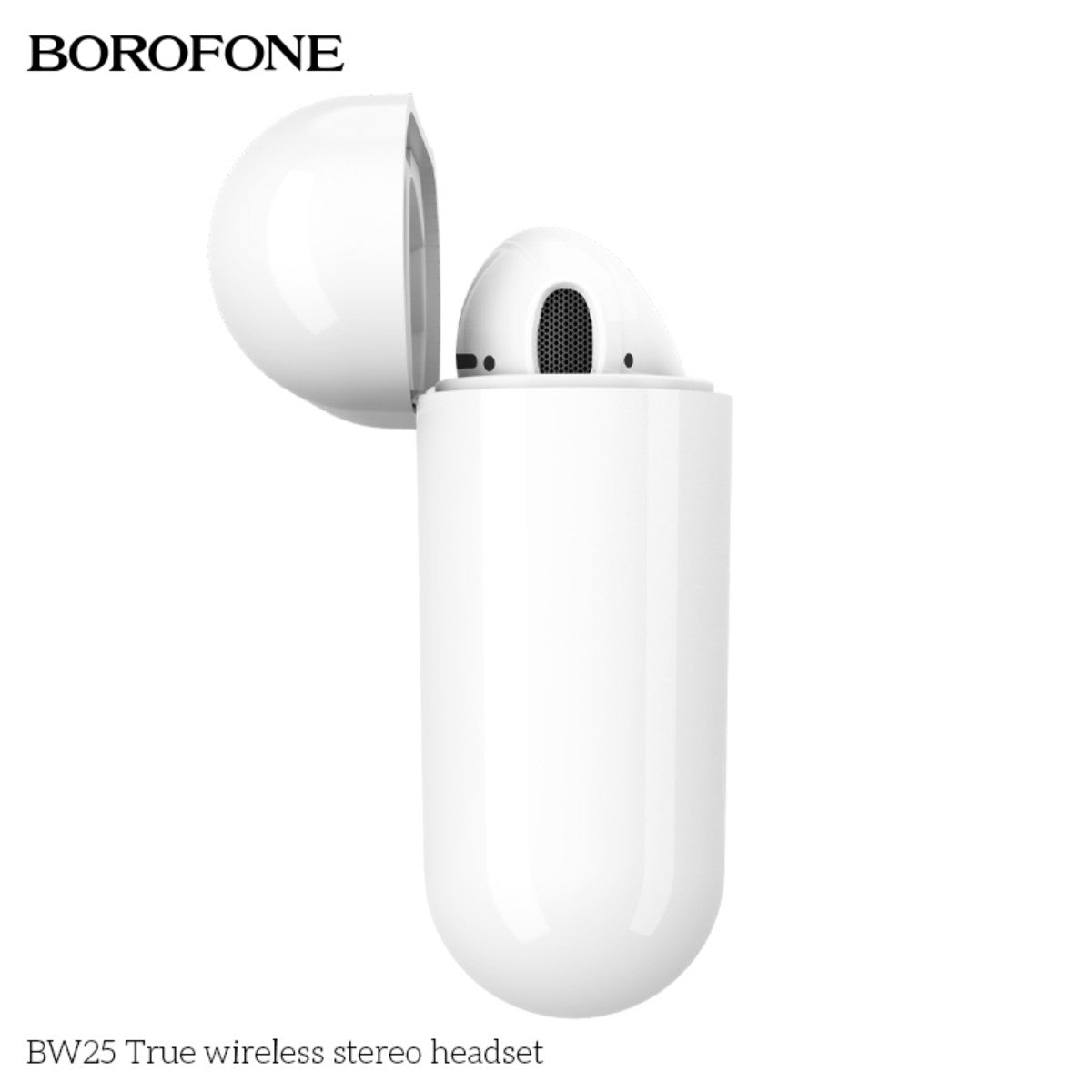 BOROFONE BW25 True Wireless Stereo Headset White partially inside charging case, highlighting secure fit and compact storage.