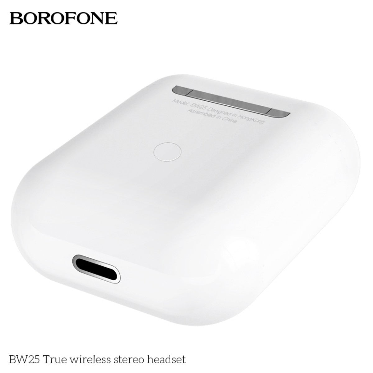 Bottom view of BOROFONE BW25 True Wireless Stereo Headset White charging case with USB-C port for fast and convenient charging.