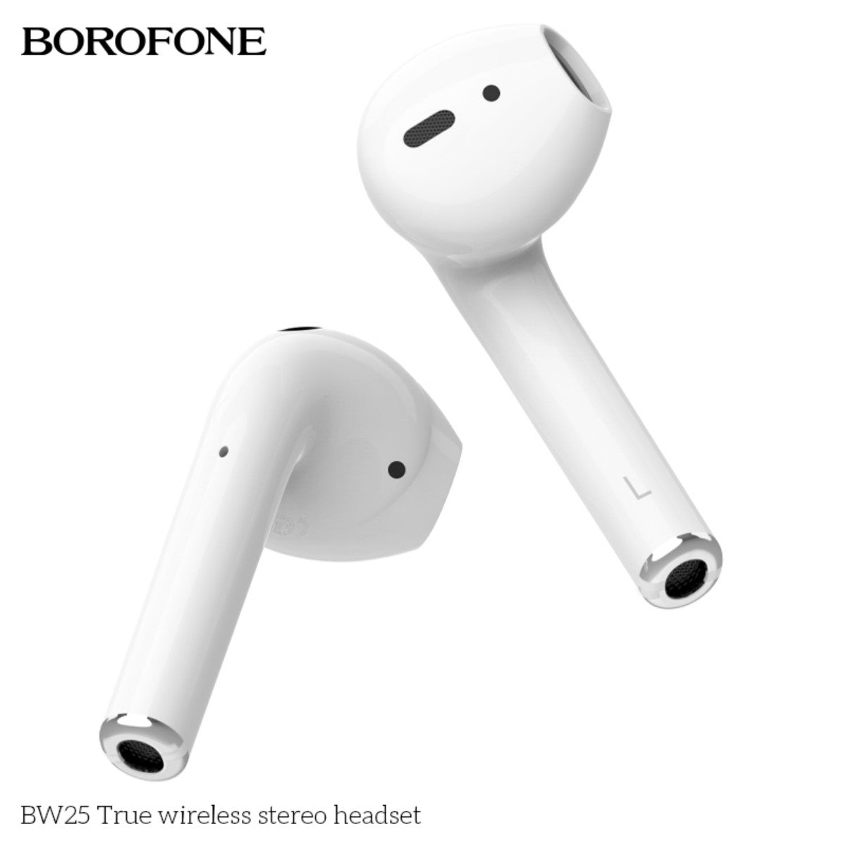 Detailed view of BOROFONE BW25 True Wireless Stereo Headset White earbuds, showcasing left and right earbud design and speaker mesh.