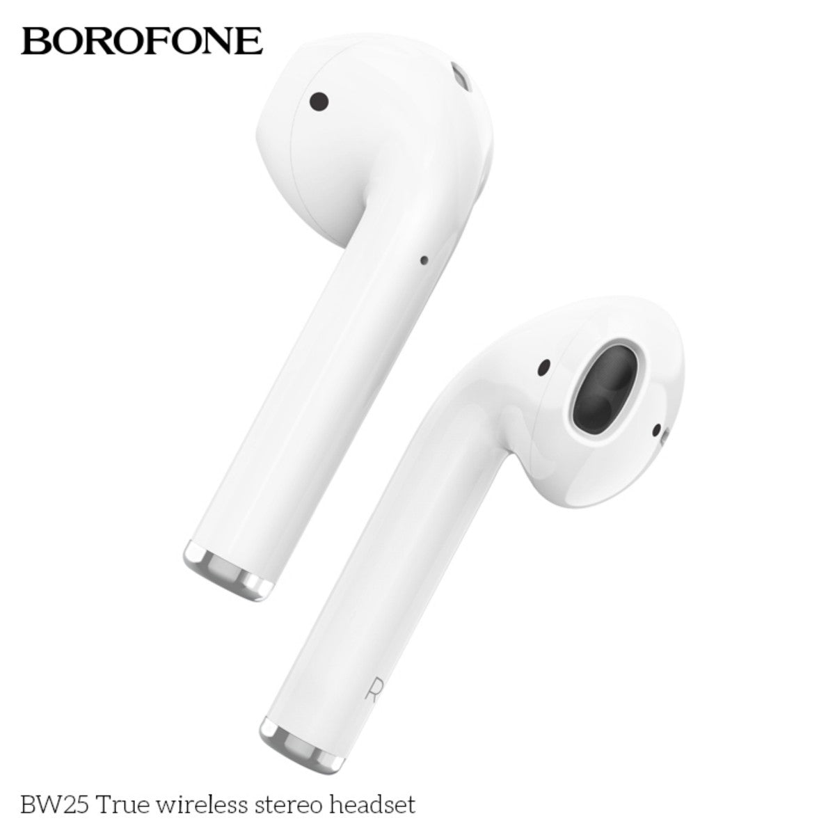 BOROFONE BW25 True Wireless Stereo Headset White earbuds angled to show ergonomic shape and built-in microphone for clear calls.