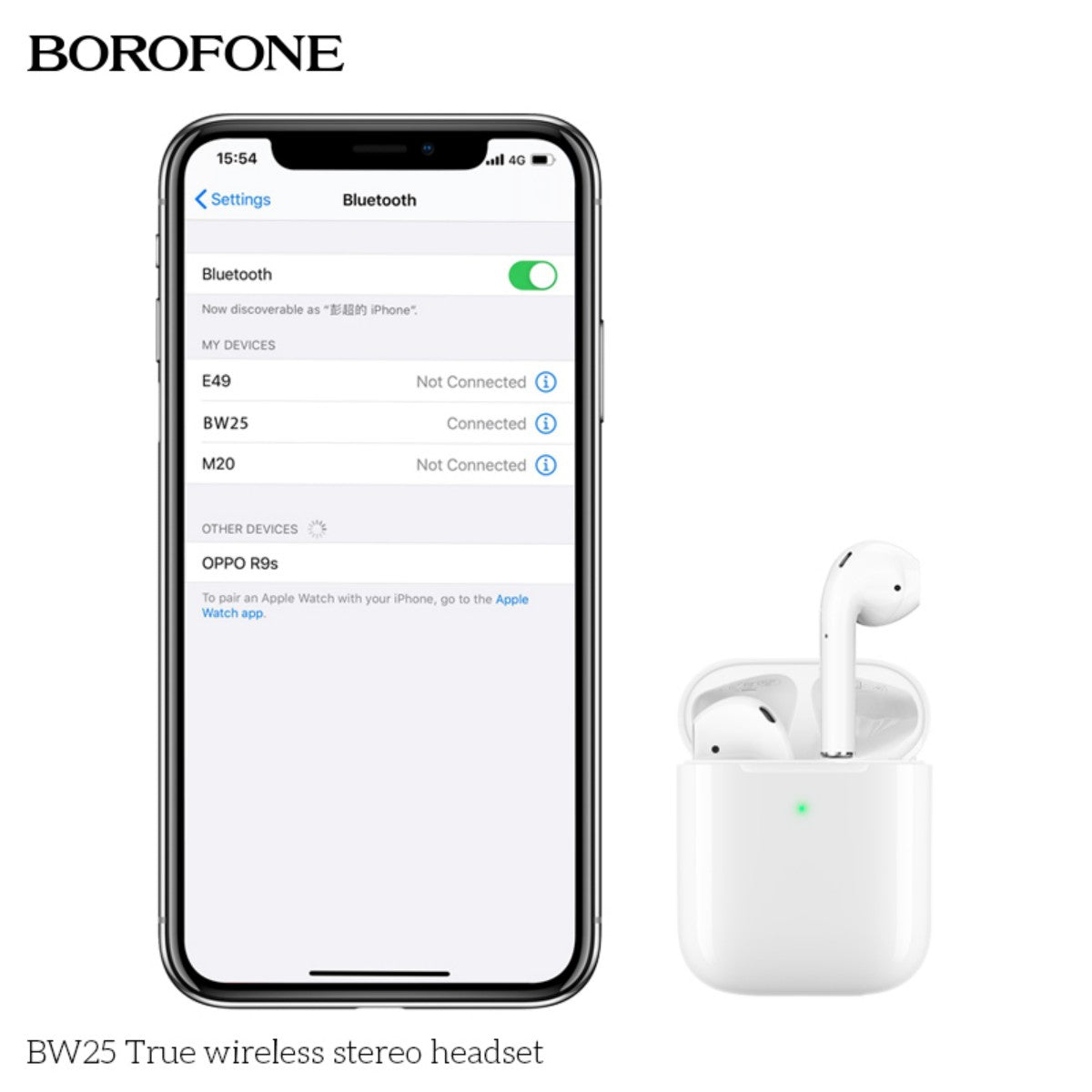 BOROFONE BW25 True Wireless Stereo Headset White connected via Bluetooth on smartphone, emphasizing easy pairing and wireless connectivity.