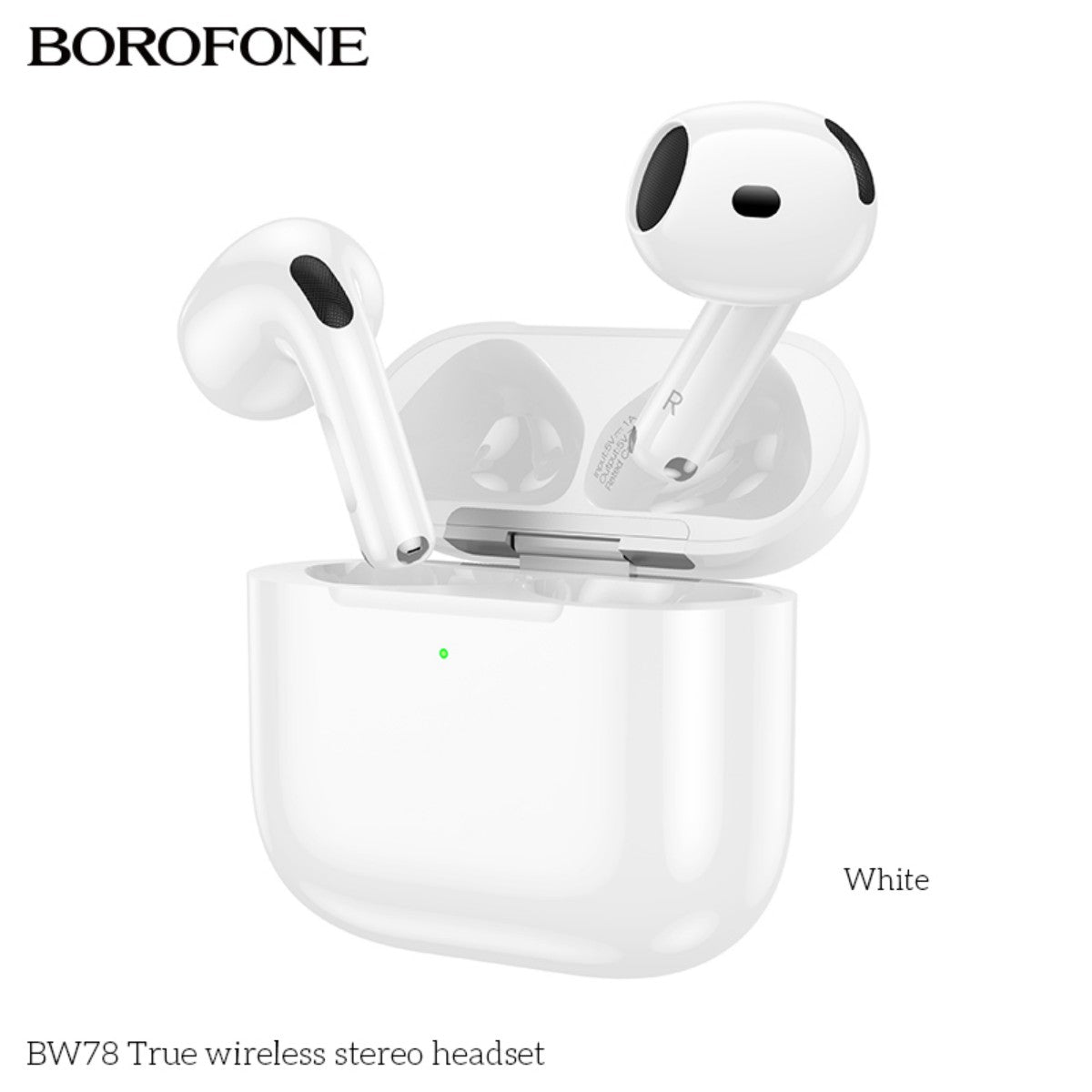 BOROFONE BW78 True Wireless Stereo Headset White with charging case, featuring ergonomic in-ear design for immersive audio experience.