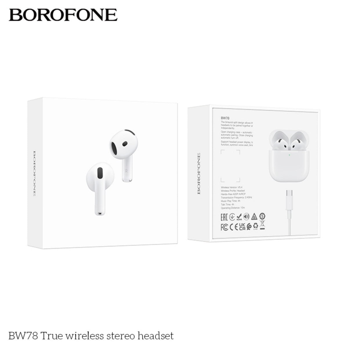 Retail packaging of BOROFONE BW78 True Wireless Stereo Headset White showing front and back views with product and charging details.