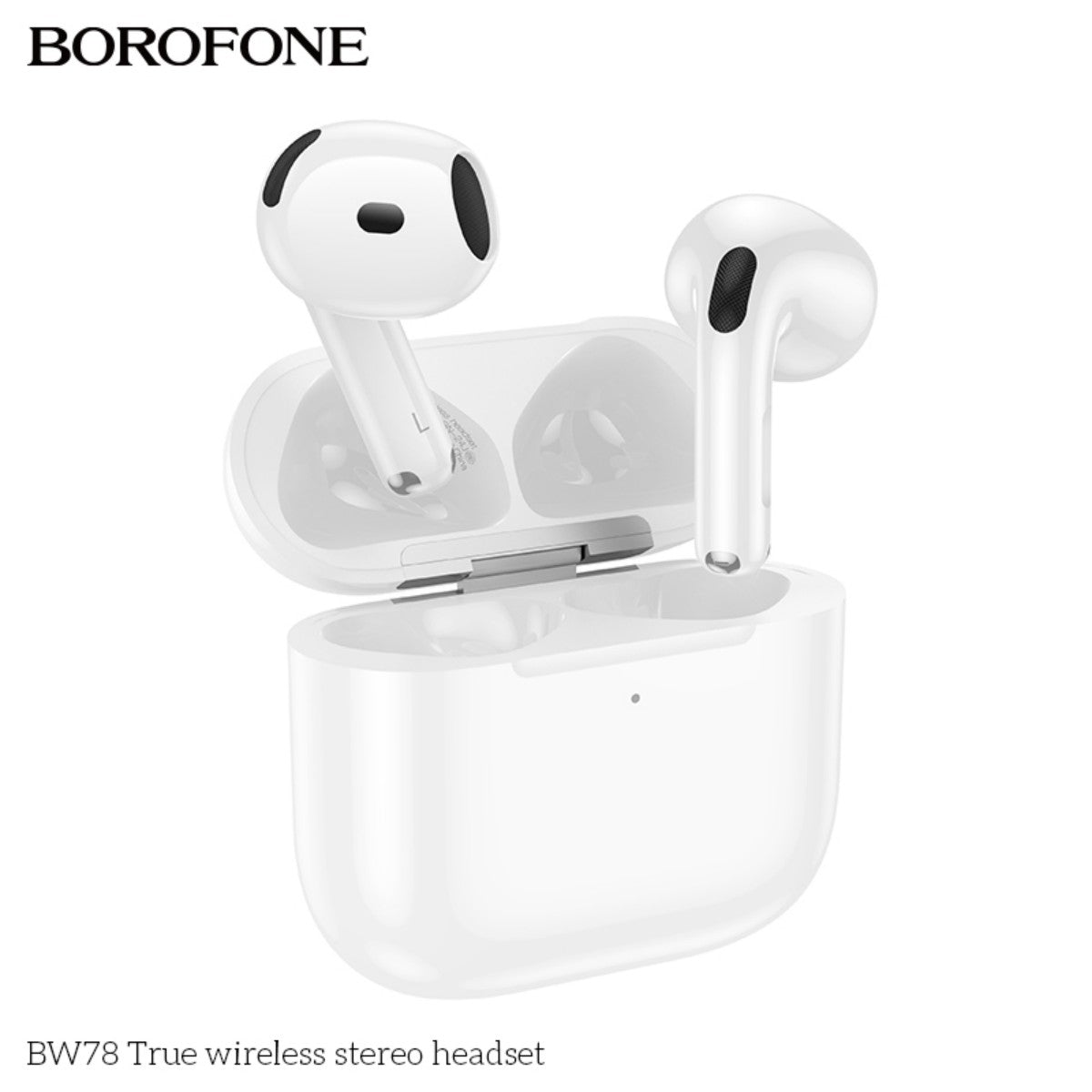 Open charging case of BOROFONE BW78 True Wireless Stereo Headset White with earbuds angled outward, emphasizing modern design.