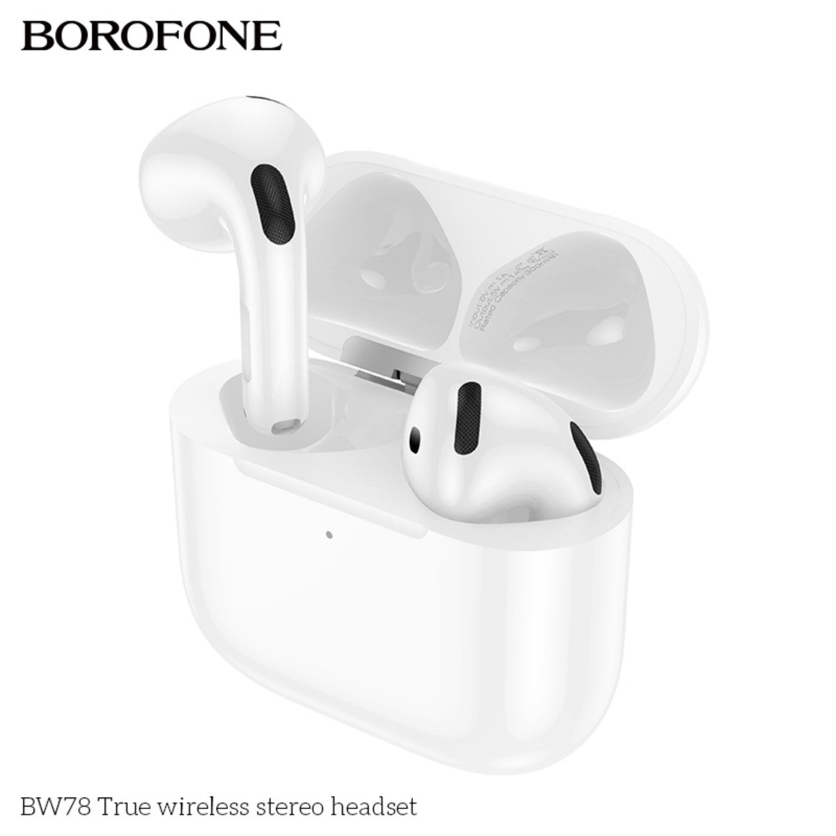 Close-up of BOROFONE BW78 True Wireless Stereo Headset White in charging case, showing earbud contours and magnetic docking.
