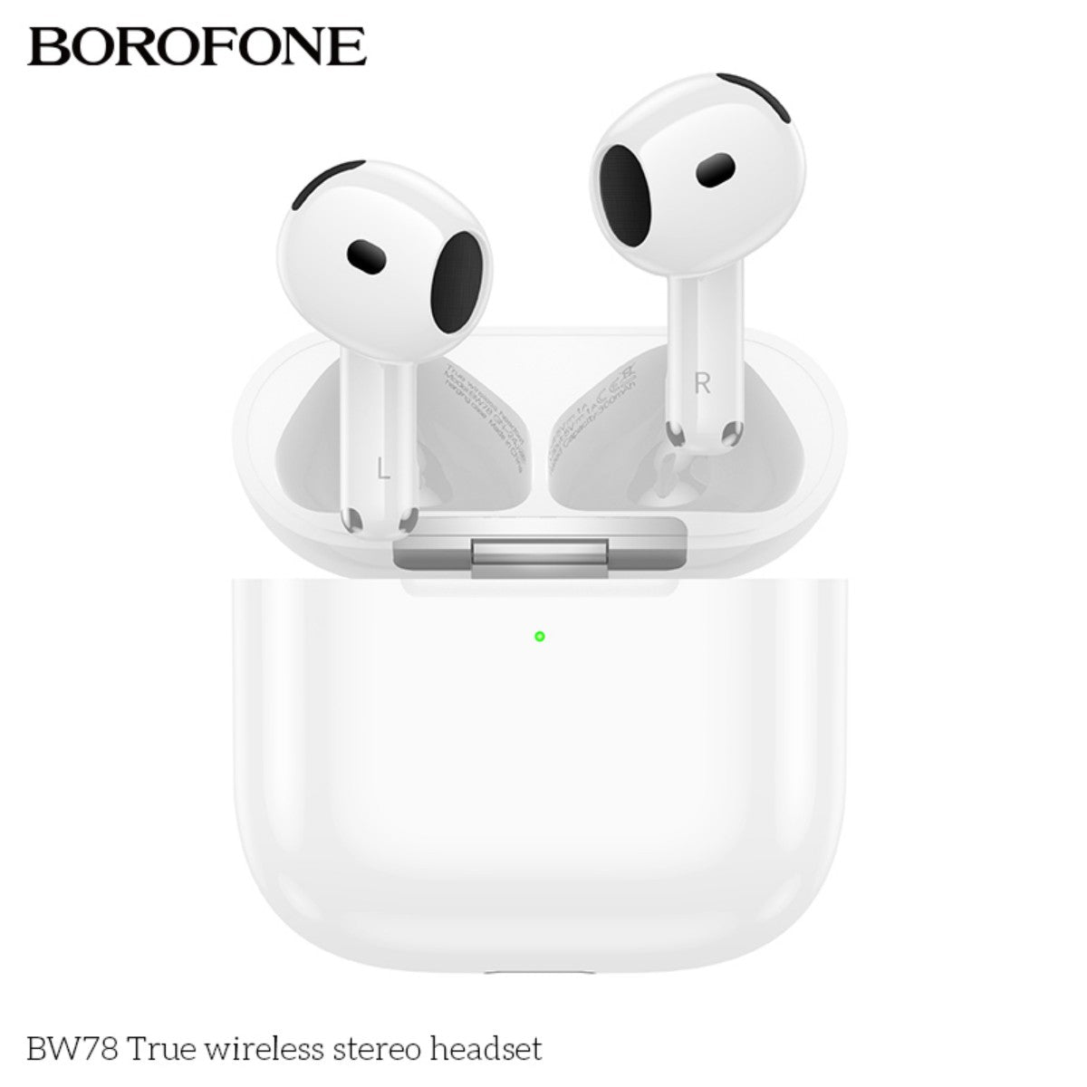 Top view of BOROFONE BW78 True Wireless Stereo Headset White in open charging case, highlighting left and right earbud markings.