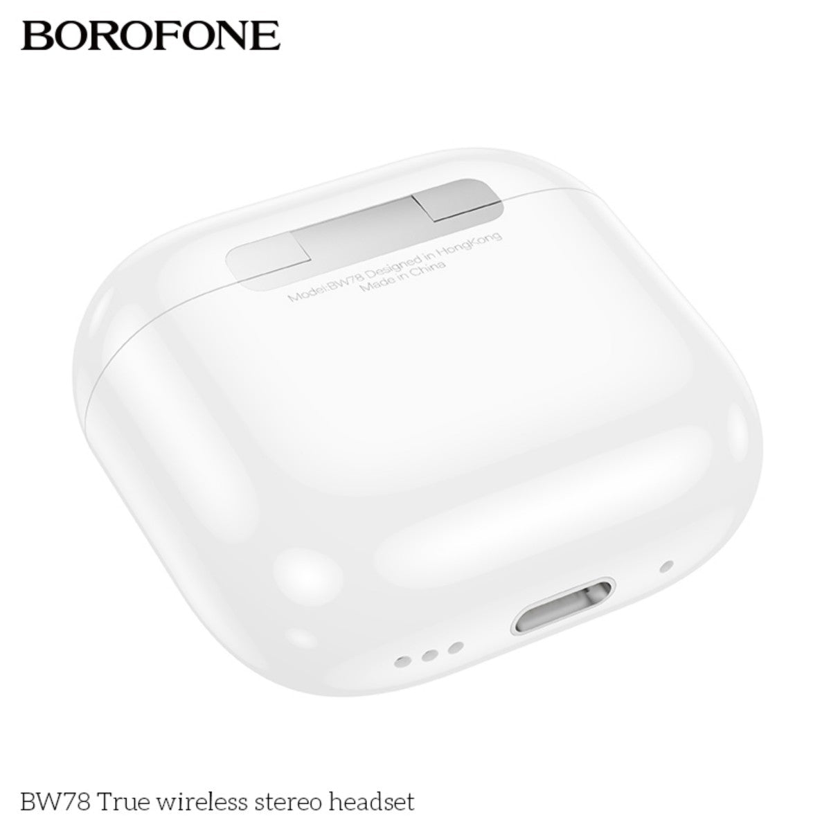 Bottom view of BOROFONE BW78 True Wireless Stereo Headset White charging case, showing USB-C port and product labeling.