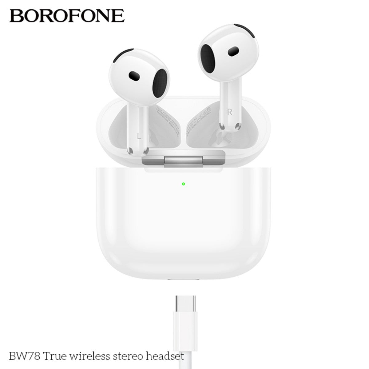 BOROFONE BW78 True Wireless Stereo Headset White in charging case with visible LED indicator and USB charging cable connected.