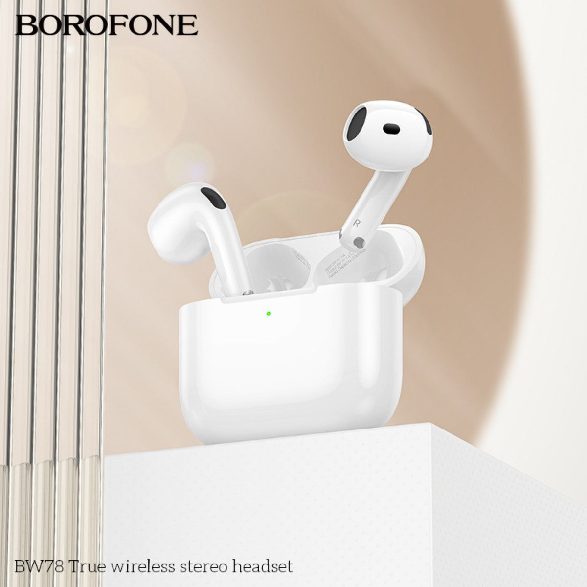 BOROFONE BW78 True Wireless Stereo Headset White displayed on a white pedestal, highlighting sleek design and compact charging case.