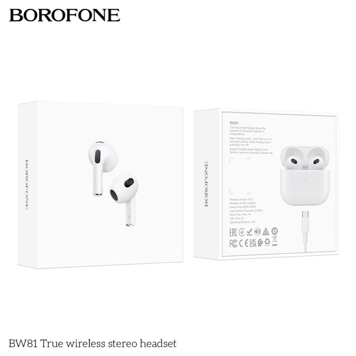 BOROFONE BW81 True Wireless Stereo Headset White retail packaging front and back. Includes product image, specifications, and branding.