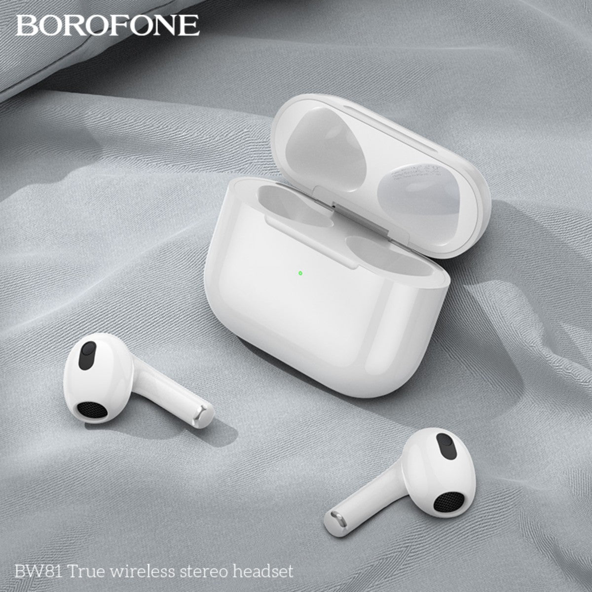 BOROFONE BW81 True Wireless Stereo Headset White resting on fabric with earbuds placed outside the case. High-quality in-ear headphones for daily use.