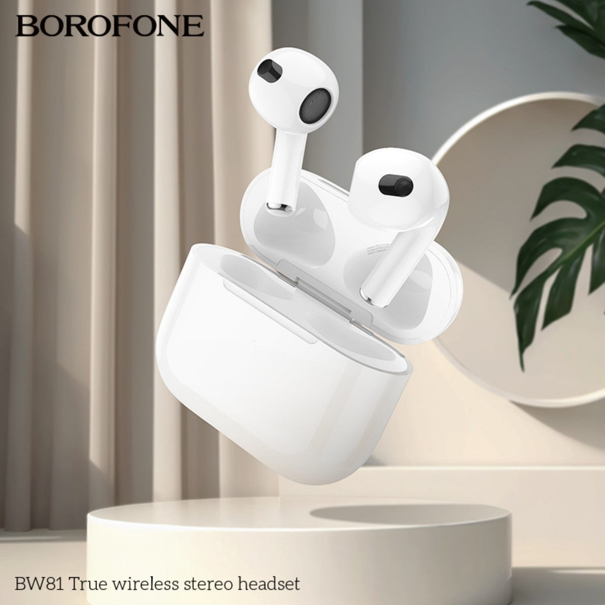 BOROFONE BW81 True Wireless Stereo Headset White shown floating above a round platform. Stylish earbuds with ergonomic design and charging case.