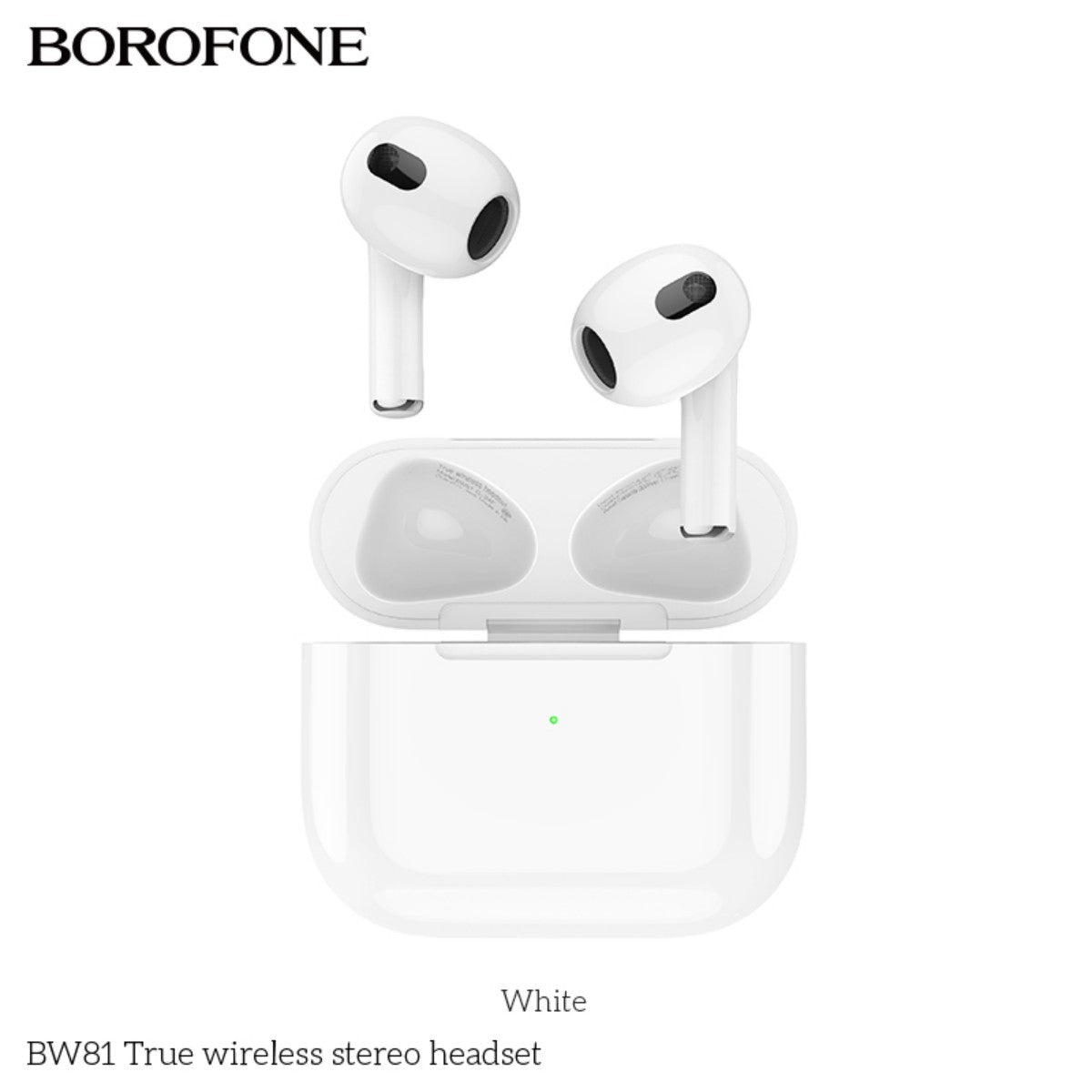 BOROFONE BW81 True Wireless Stereo Headset White with open charging case and earbuds displayed upright. Sleek in-ear headphones for premium audio.