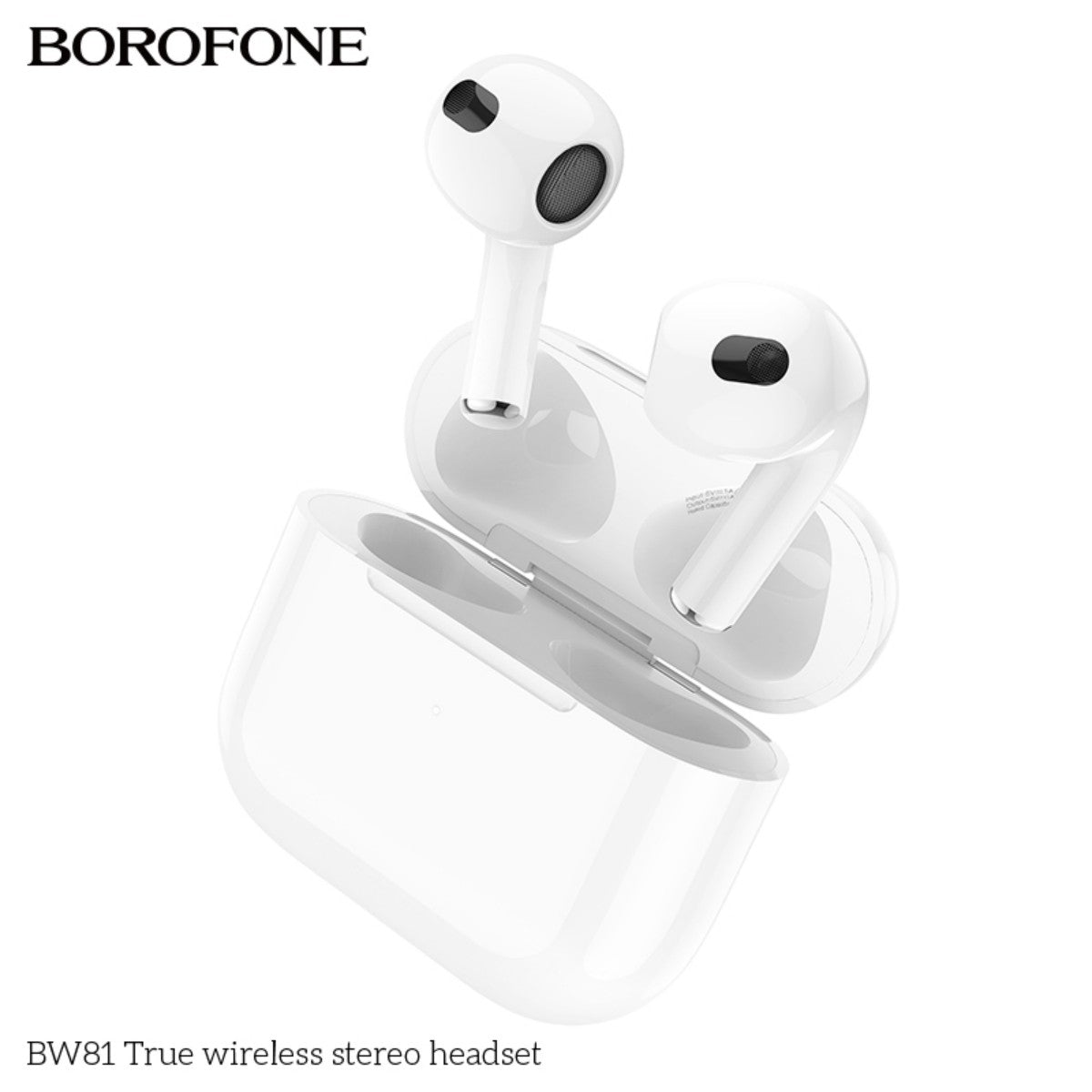 BOROFONE BW81 True Wireless Stereo Headset White with earbuds angled above open case. Modern design for immersive audio experience.