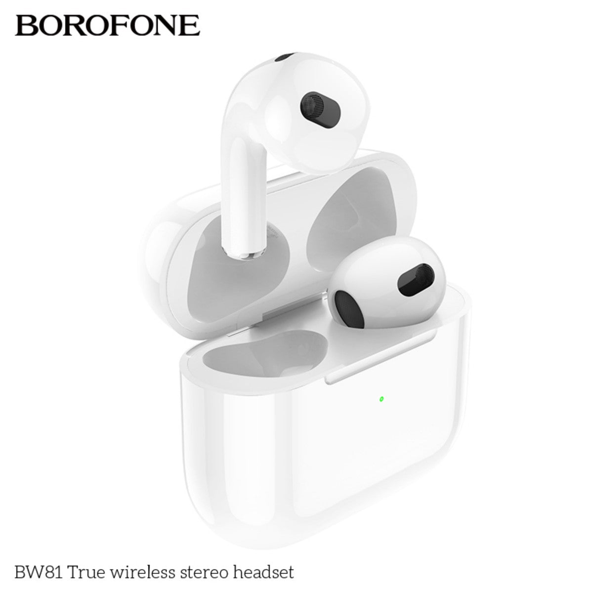 BOROFONE BW81 True Wireless Stereo Headset White with one earbud being placed into the case. Ergonomic and stylish in-ear headphones.