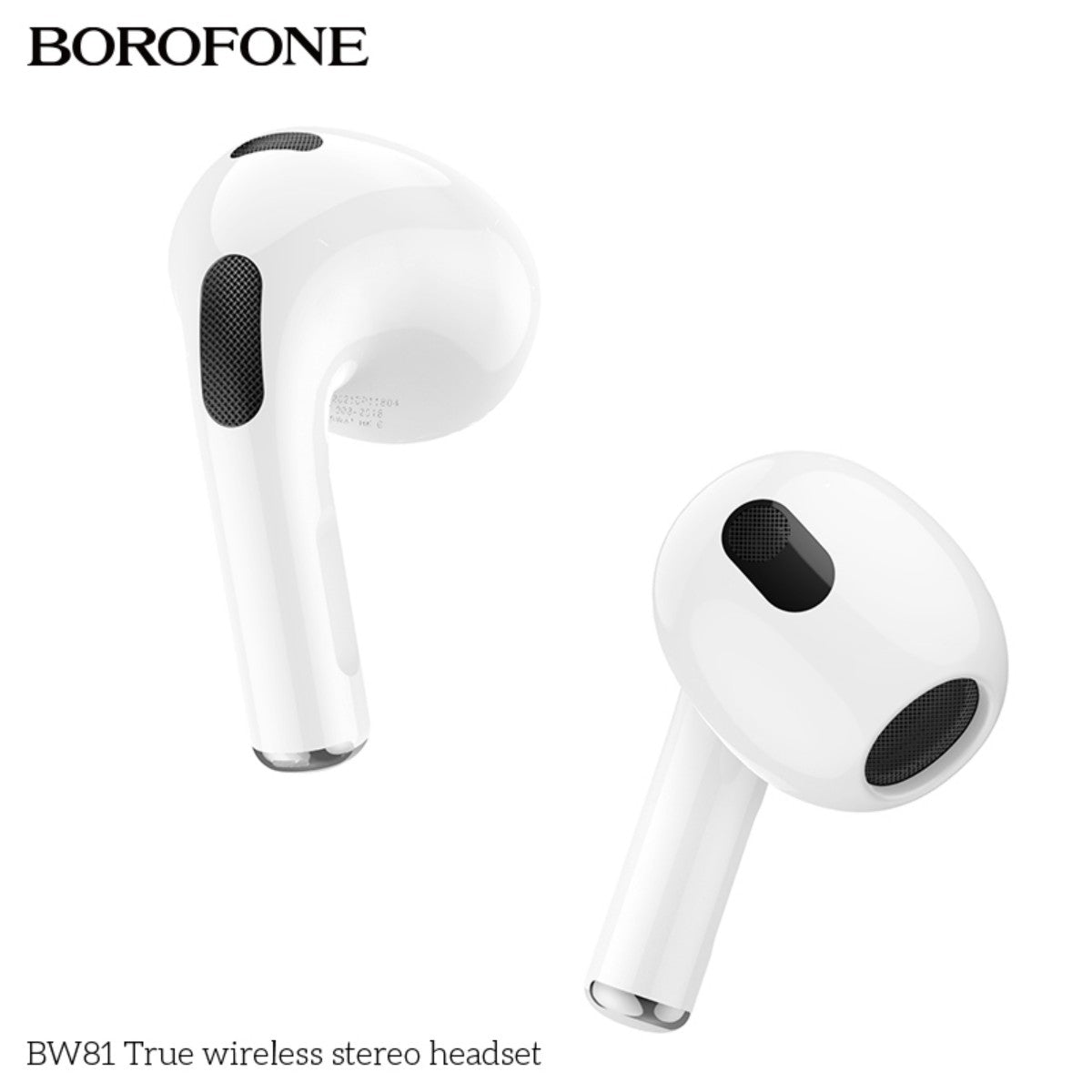 Close-up of BOROFONE BW81 True Wireless Stereo Headset White earbuds. Sleek and minimal design for comfortable in-ear fit and clear sound.