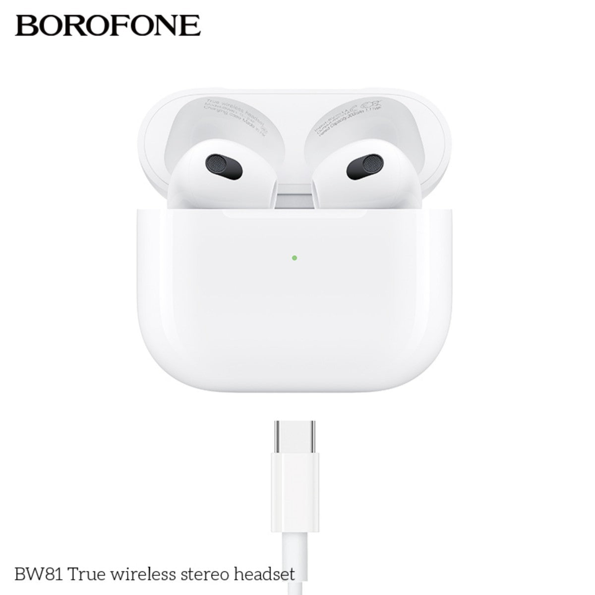 BOROFONE BW81 True Wireless Stereo Headset White charging via USB-C cable. Compact in-ear headphones with fast charging and portable case.