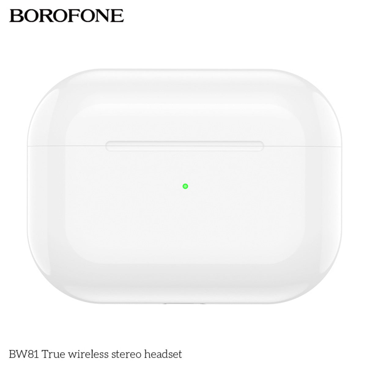 BOROFONE BW81 True Wireless Stereo Headset White closed charging case with LED indicator. Compact and durable for everyday use.