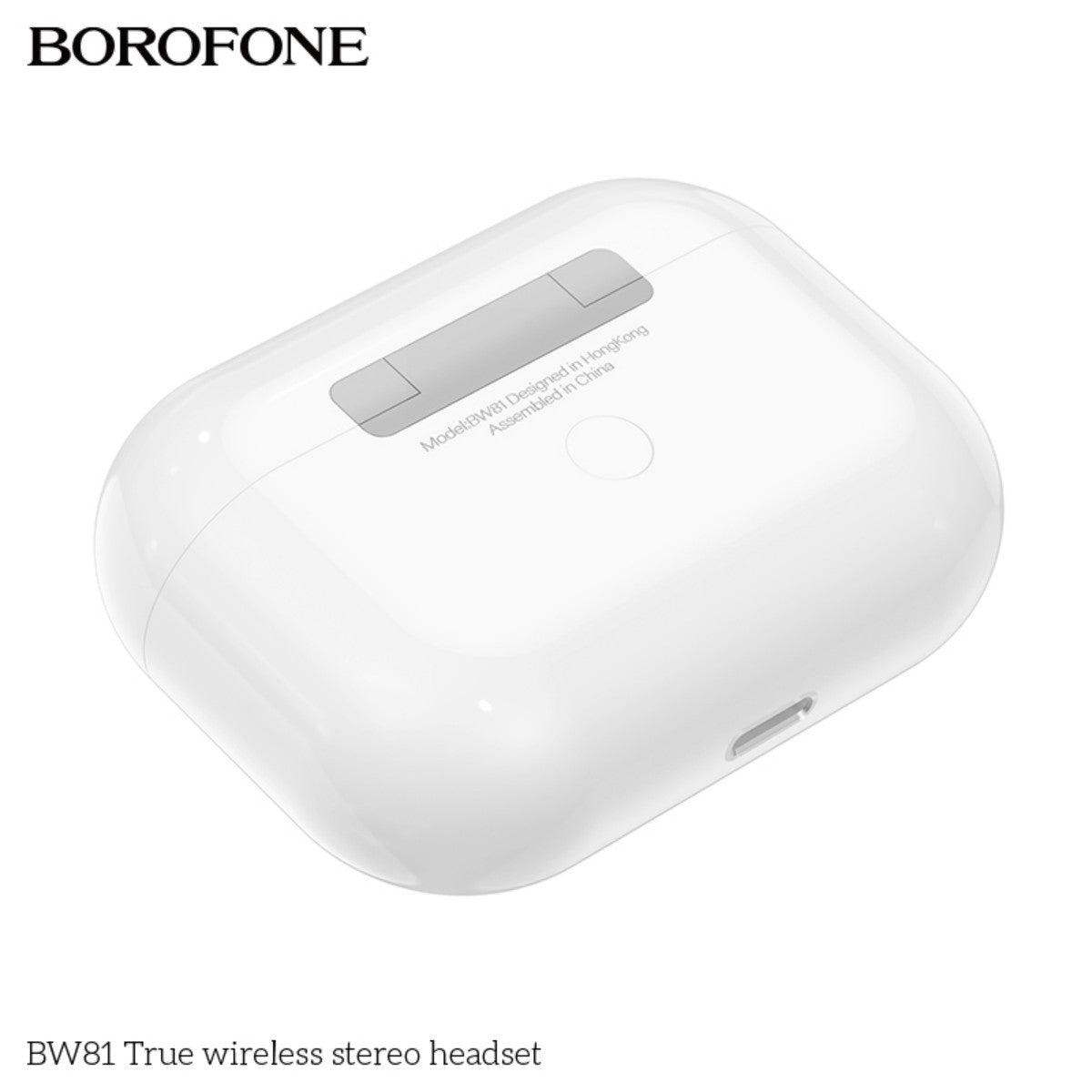 Bottom view of BOROFONE BW81 True Wireless Stereo Headset White charging case. Features product details and USB-C charging port.
