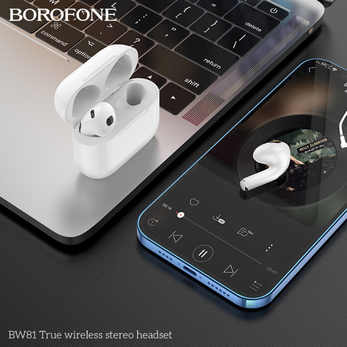 BOROFONE BW81 True Wireless Stereo Headset White next to a smartphone and laptop. Compact earphones ideal for wireless music and calls on the go.