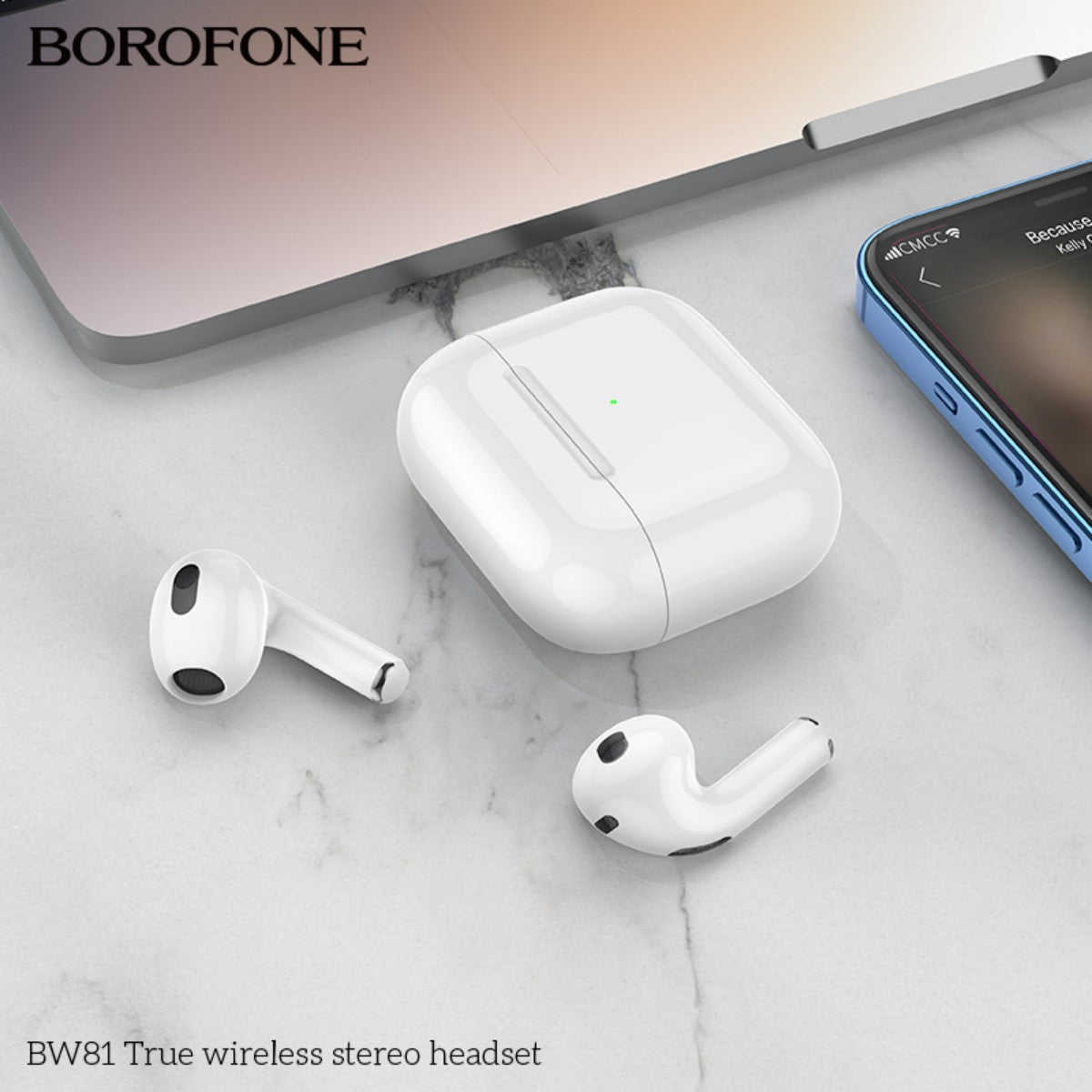 BOROFONE BW81 True Wireless Stereo Headset White beside a smartphone and laptop. Wireless earbuds with charging case for seamless connectivity.
