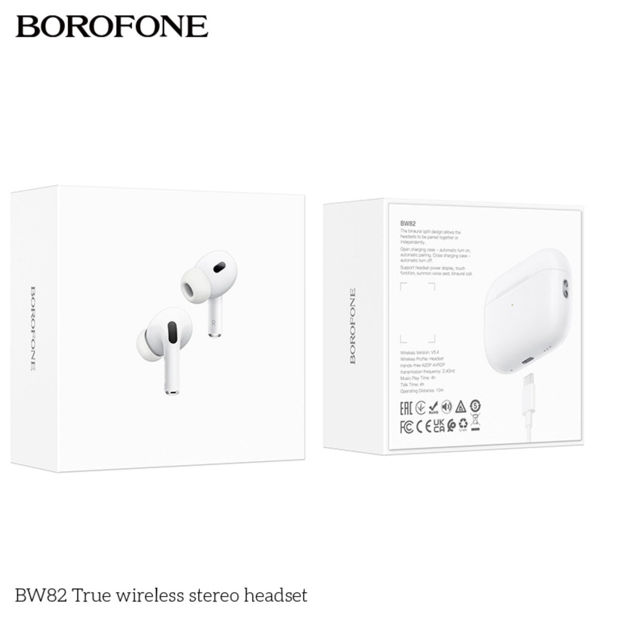 Retail packaging of BOROFONE BW82 True Wireless Stereo Headset White showing product visuals and specifications for e-commerce display.