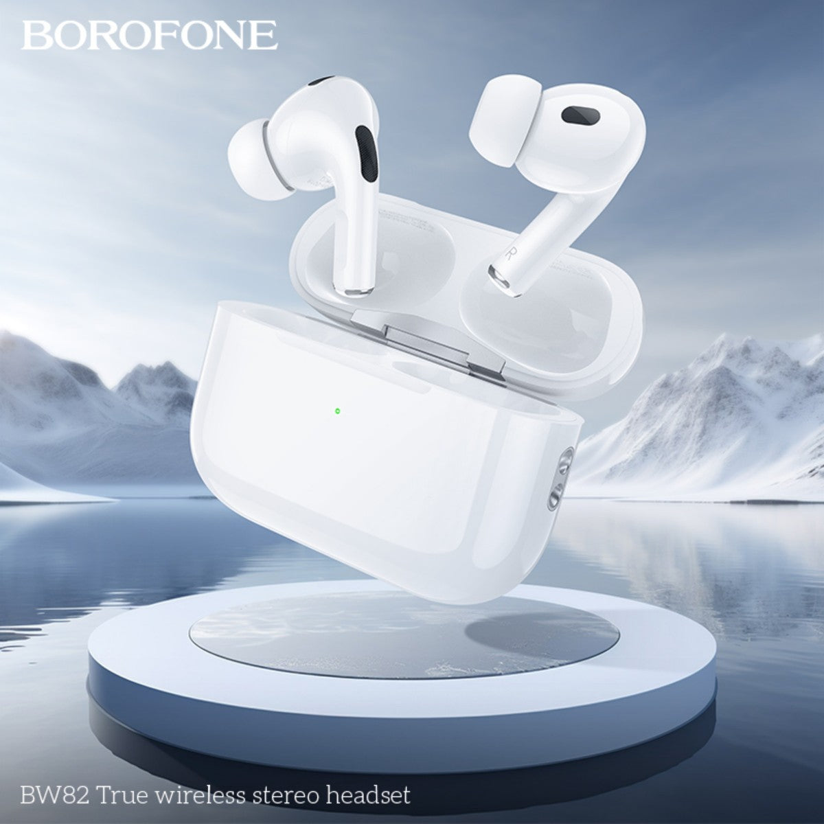 BOROFONE BW82 True Wireless Stereo Headset White displayed on a futuristic platform, showcasing sleek design and portability.