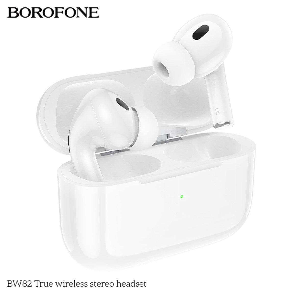BOROFONE BW82 True Wireless Stereo Headset White in open charging case, designed for secure storage and easy access.