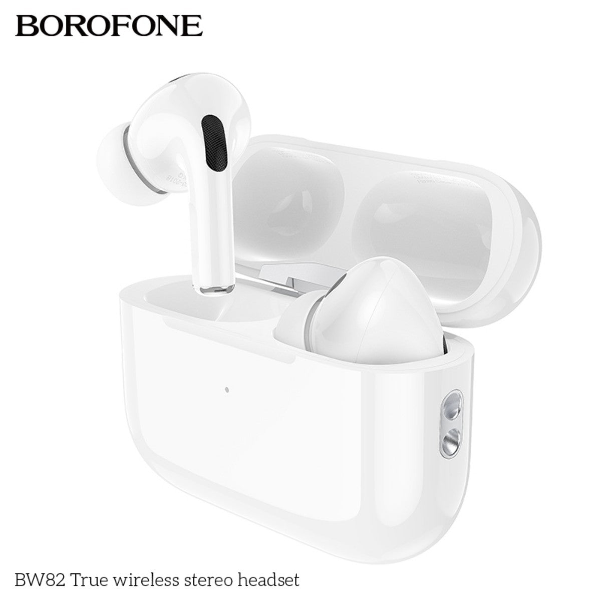 BOROFONE BW82 True Wireless Stereo Headset White partially inserted in charging case, showcasing magnetic alignment and compact design.