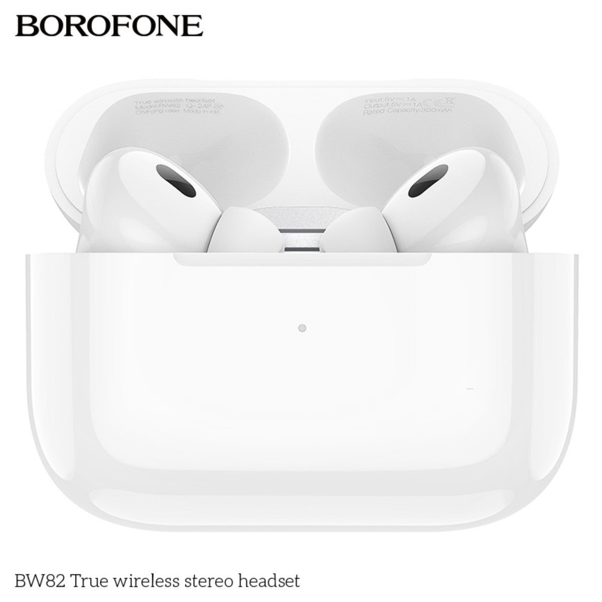 Top view of BOROFONE BW82 True Wireless Stereo Headset White fully docked in charging case, ideal for travel and everyday use.