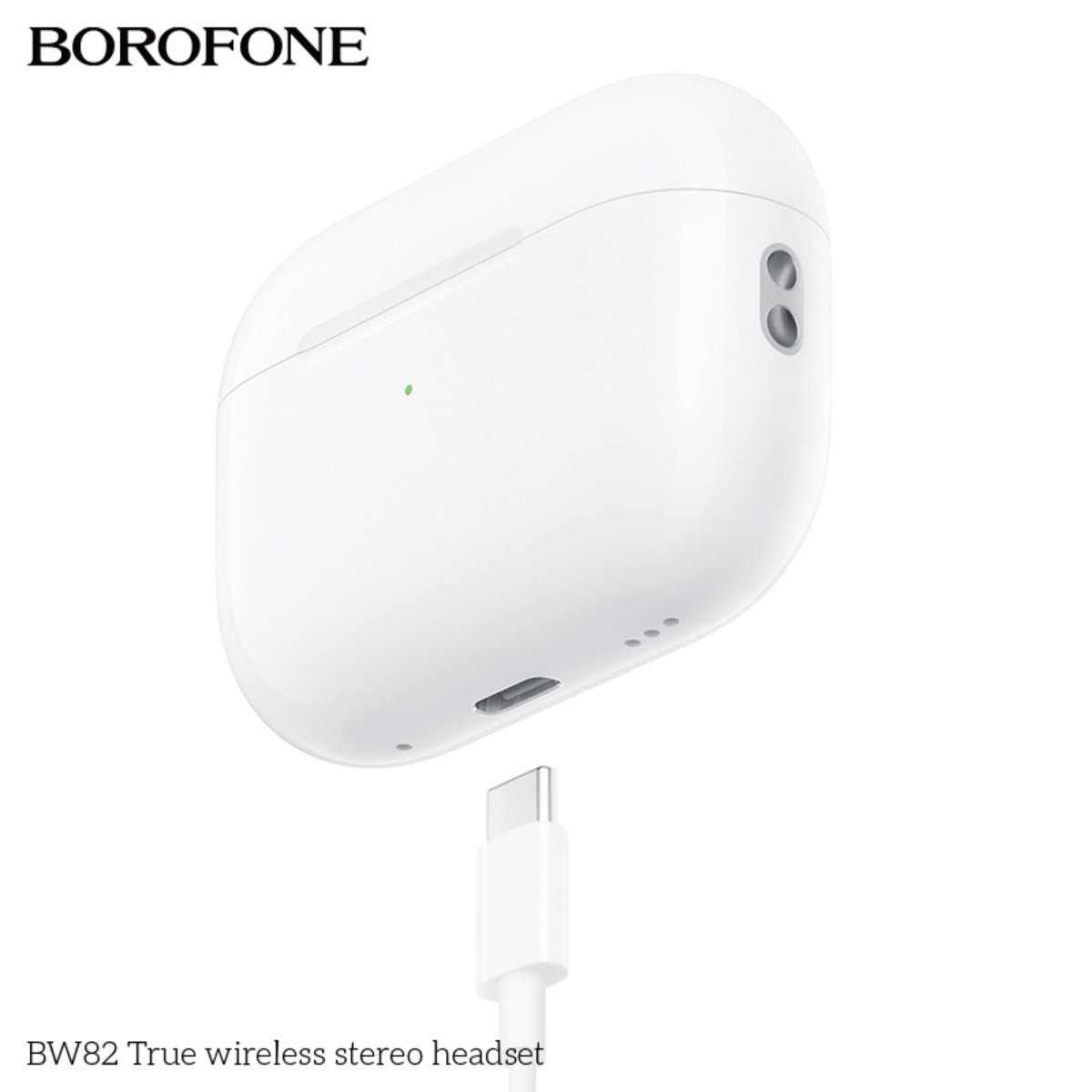 BOROFONE BW82 True Wireless Stereo Headset White charging via USB-C, highlighting fast charging capability and modern connectivity.