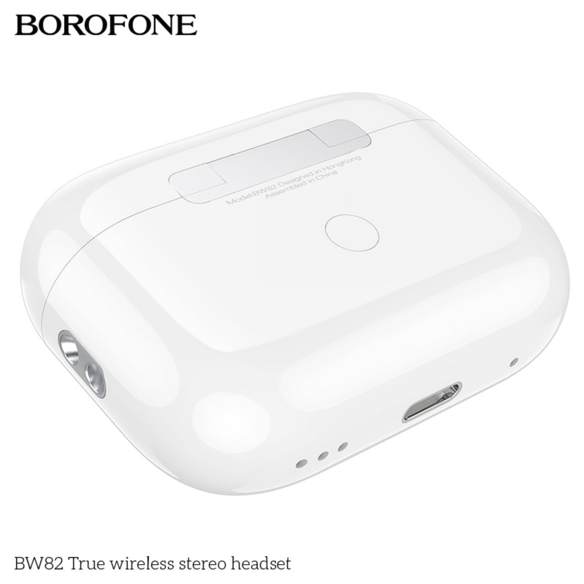 Bottom view of BOROFONE BW82 True Wireless Stereo Headset White charging case with USB-C port and LED indicators for battery status.