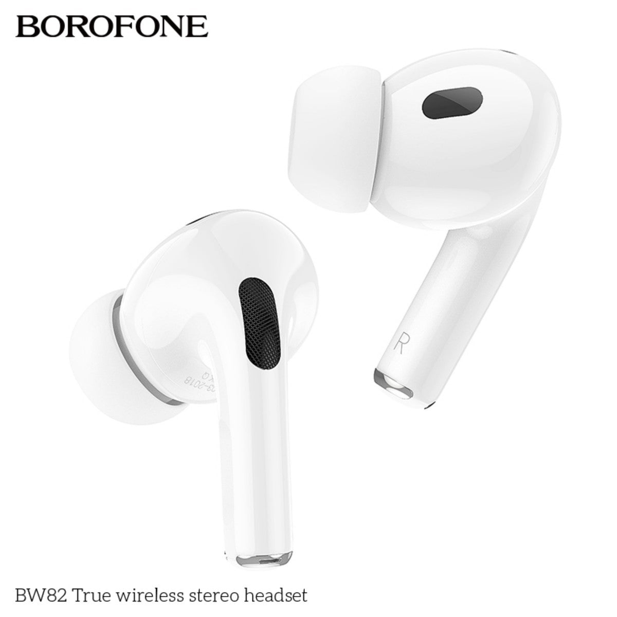 Close-up of BOROFONE BW82 True Wireless Stereo Headset White earbuds with silicone tips and built-in microphone for clear sound quality.