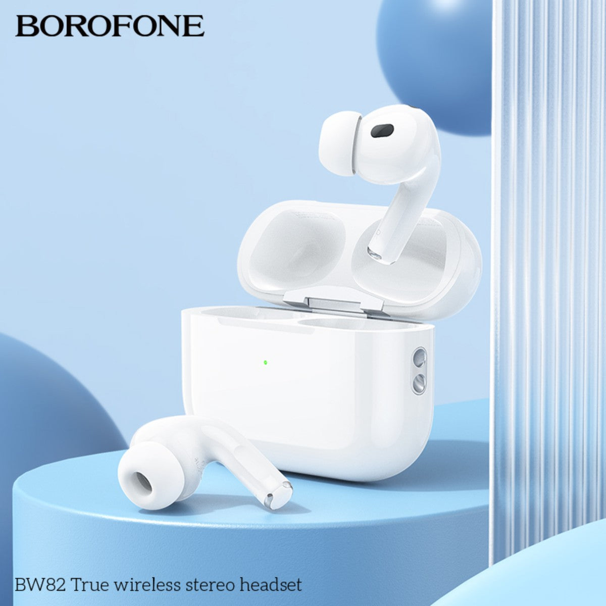 BOROFONE BW82 True Wireless Stereo Headset White with ergonomic earbuds and LED charging indicator, perfect for daily audio needs.