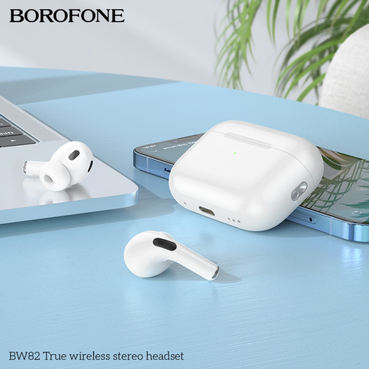 BOROFONE BW82 True Wireless Stereo Headset White placed beside a laptop and smartphone, emphasizing wireless convenience and compact size.