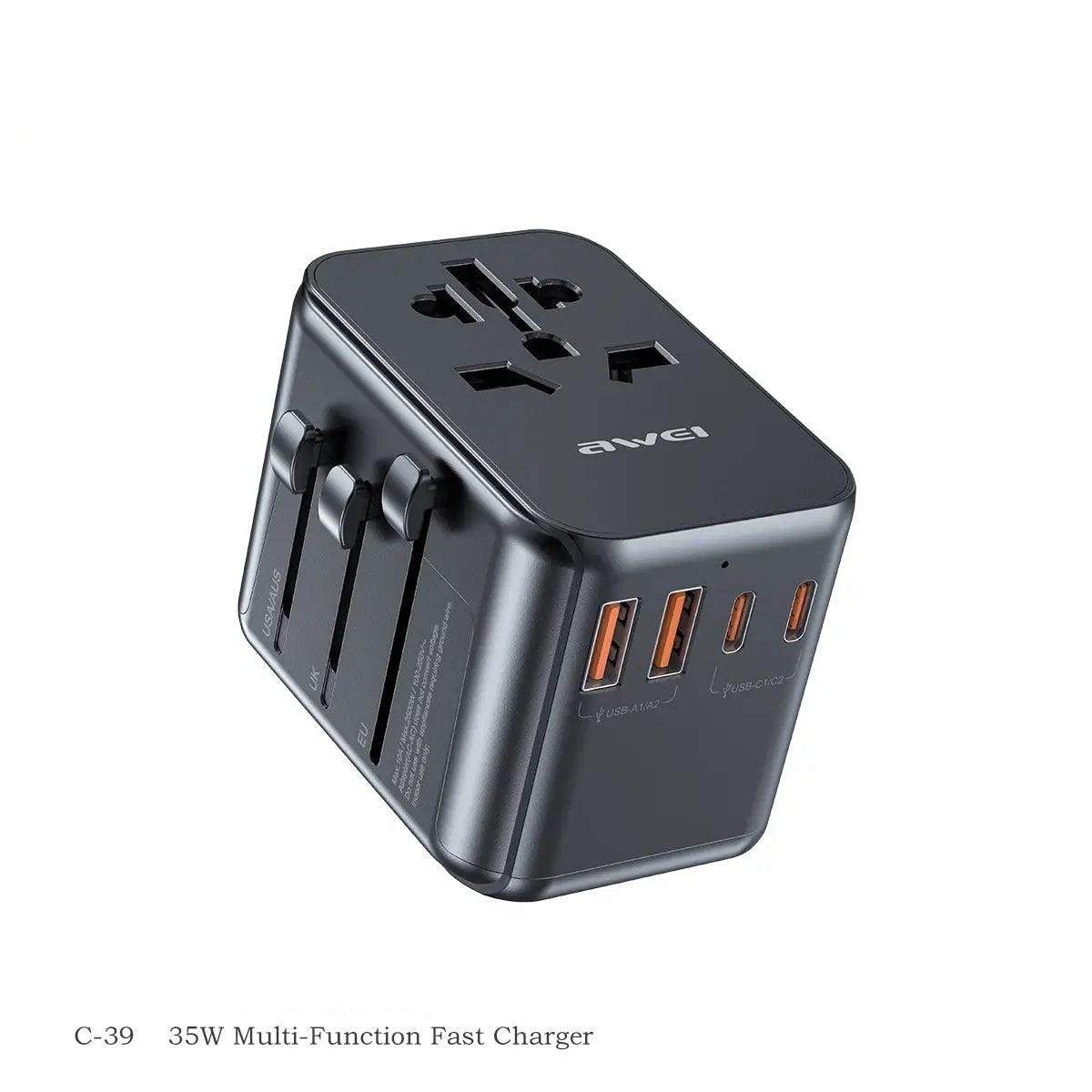 AWEI C-39 35W Multi-Function Fast Charger with universal travel plug, featuring 3 USB-A and 1 USB-C ports for high-speed charging.